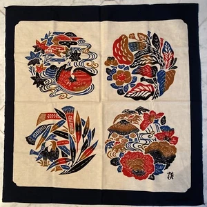 Vtg Keisuke Serizawa Edozome Furoshiki Scarf Cloth Birds Flowers Box & Card 36” - Picture 1 of 12