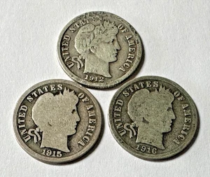 LOT OF 3 SILVER BARBER DIMES 1912,1915,& 1916 COIN - Picture 1 of 6