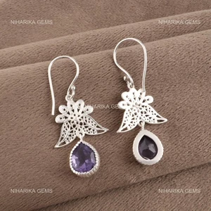 Pendientes boho elegantes étnicos de Navidad con gota de iolita natural de pera de plata de ley - Imagen 1 de 9