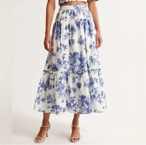 Abercrombie & Fitch Poplin Tiered Maxi Skirt Size X Small Blue Toile Floral - Picture 1 of 10