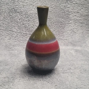 Vintage Mid Century Modern Pottery Vase Olive Red Gray Striped Table Decor 9" - Picture 1 of 5