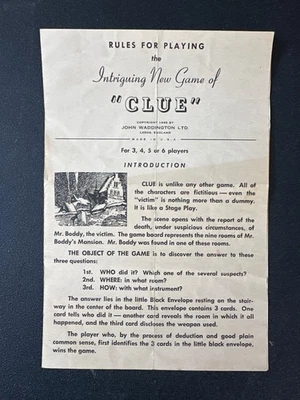 Juego de mesa vintage CLUE 1949 instrucciones reglas para jugar reemplazo Foto 1 de 4