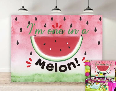 Mesa de pastel de baby shower con telón de fondo de verano de sandía dulce en melón diciembre 7x5 pies Foto 1 de 4