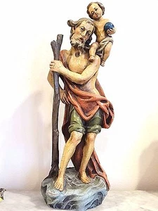 Katholische Vintage Lepi Holz geschnitzt Heilige Statue Heiliger Christophorus & Jesus Christus - Bild 1 von 10