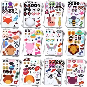 12 Animals Make-a-face Sticker Sheets of Festival Reward Art Craft Party School - Picture 1 of 21