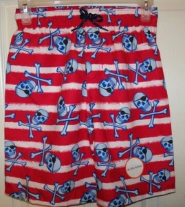 Skulls & Crossbones Red White Blue Swim Suit Trunks Shorts Boys 10 / 12 NWT - Picture 1 of 2