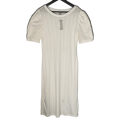 OFF WHITE Abito da donna Honey & T lavorato a maglia maniche gonfie tessuto cotone bianco taglia grande nuovo con etichette