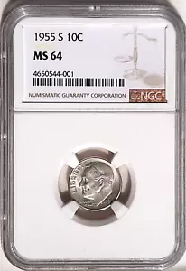 1955-San Francisco Mint Silver Roosevelt Dime (10C) NGC MS 64 - Picture 1 of 4