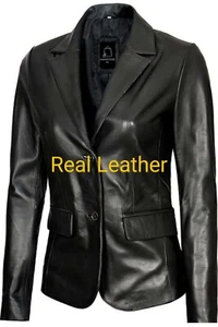 Two Button Lambskin Leather Blazer Jackets for Women Long Sleeves Coat Style L - Picture 1 of 3