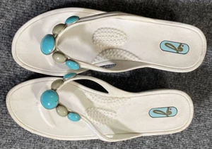 Oka B Bee Sandals Womens Medium White Turquoise Blue Gray Stone Coastal Beach - Picture 1 of 10
