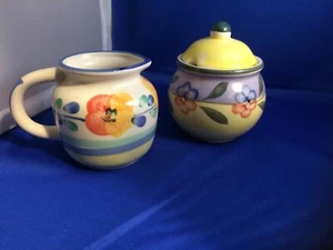 Alco Industries Yellow-Orange Cream & Red-Blue Sugar Bowl Slight Mismatch Set - Picture 1 of 8