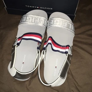 Tommy Hilfiger Silver Metallic Strap Wedge Sandals Size 8 - Picture 1 of 7