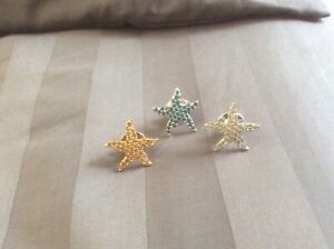swarovski star fish tac pin three gold, blue, silver