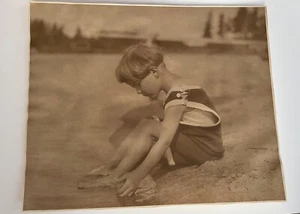 Vintage Photograph Boy at Beach Child Feet in Water Sitting in Stand Sepia Tone - Picture 1 of 5