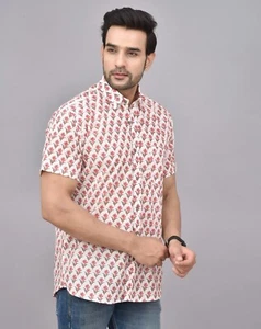 AMRANIS Men's Cotton Handmade Shirt Hand Block Short Sleeves Printed Shirt - Picture 1 of 6