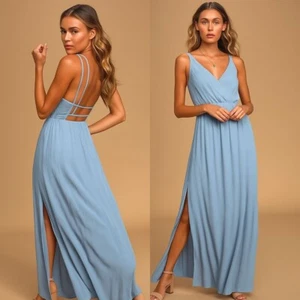 Maxi Vestido Lulus Lost in Paradise Azul Pizarra Talla XS • Doble Abertura Lateral Verano - Imagen 1 de 10