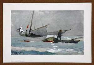 Litografía Winslow Homer Vintage Original Stowing the Sail impresa en 1970 - Imagen 1 de 1
