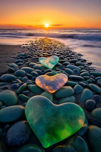 Canvas Art Sunset Teal Blue Green Pebbles With Heart Wall Picture Poster Print - Picture 1 of 22