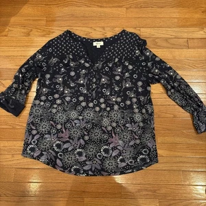 Style & Co. Damen X Large Marine Blumen Langarm 1/4 Knopfleiste Bluse Preown - Bild 1 von 9