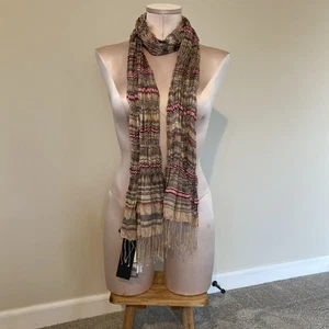 Eileen Fisher Scarf Crinkle Ruched Striped 100% Silk Fringe Taupe Tan Pink NWT - Picture 1 of 15