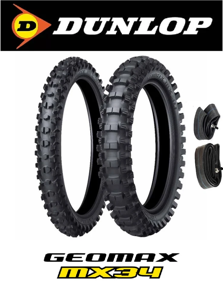 JUEGO NEUMÁTICOS DUNLOP MX34 GEOMAX 80/100-21 Y 100/90-19 + TUBOS YAMAHA YZ125 250 400 426 Foto 1 de 3