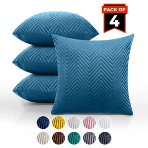 Set of 4 Cushion Covers 18x18 Quilted Velvet Filled Cushions Square Sofa Pillows - Picture 1 of 78