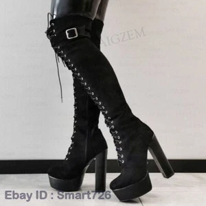 Women Over Knee High Boots Platform Full ZIp Thick Heels Boots Patchwork Ladies - Picture 1 of 8