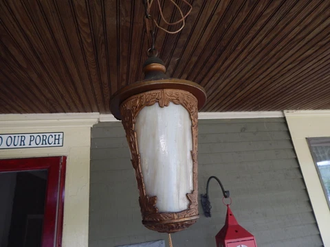 antique 20's Art Nouveau SLAG GLASS & Cast Metal PENDANT CEILING LIGHT Cover