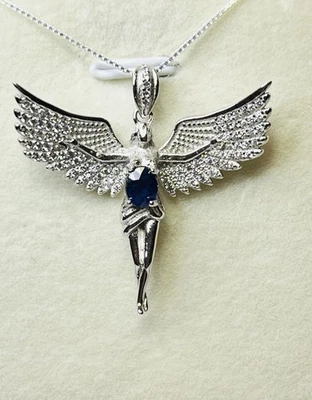 Collar colgante de plata de ley 925 con alas de ángel de Jesús zafiro azul natural Foto 1 de 4