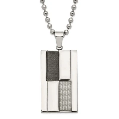 Stainless Steel Polished Black & Grey Carbon Fiber Inlay Dogtag Necklace - Image 1 of 3