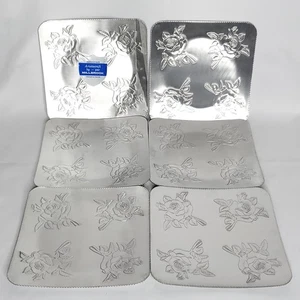 6 Vintage Silvertone Aluminum Metal Embossed Rose Serving Plates Wedding Party - Picture 1 of 14