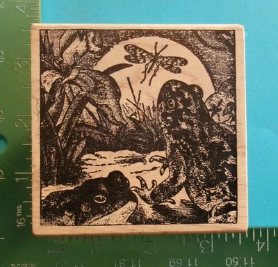 Sello de goma magenta RANAS EN UN ESTANQUE libélula luna Foto 1 de 2