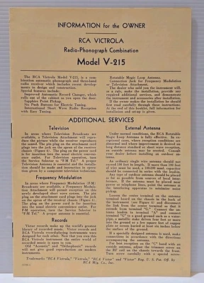 Radiofonógrafo vintage RCA Victor modelo V-215 manual de información del propietario Foto 1 de 4