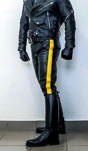 Men's Real Leather Bikers Pants Side Contrast Leather Stripes Pants BLUF Pants - Picture 1 of 5
