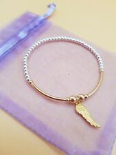 Sterling Silver 925 & gold bead Bracelet stacking gold angel wing charm stretch
