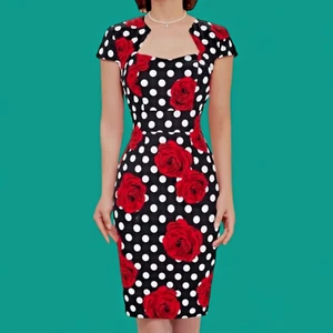 Grace Karin Women M Rockabilly Pinup Black Red Rose Retro Pencil Sheath Dress 1F - Picture 1 of 12