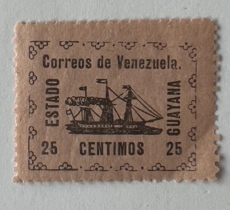 VENEZUELA 1903 COMO NUEVO ESTADO LOCAL DE GUYANA SELLO 25C VELERO, POSIBLE FALSIFICACIÓN Foto 1 de 2
