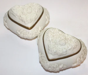 Heart Shaped Jewelry Trinket Holder Container Box Ivory Embossed Rose Pattern - Picture 1 of 3