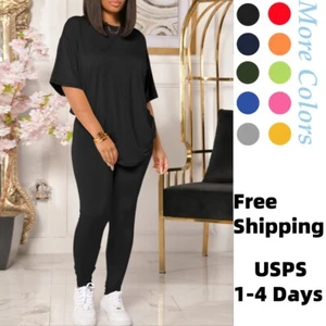 Women Outfits Sweatsuits Drop Shoulder Track Biker Short Workout Jogger Sets - Picture 1 of 25