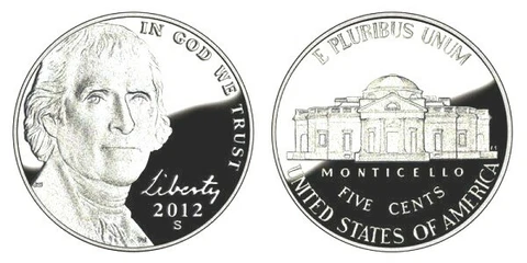 2012 S Jefferson Nickel Gem Deep Cameo Proof Coin Cover
