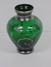Small Vintage Art Nouveau Green Vase with Sterling Silver Overlay
