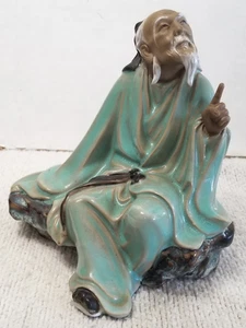 Vintage Handmade Shiwan Mudman Elder Sage Sitting Pointing / China Pottery - Picture 1 of 10