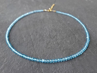3-4MM A++ Blue Topaz Faceted Round Gemstone Beads Handmade Women Necklaces 18'' - Image 1 of 4