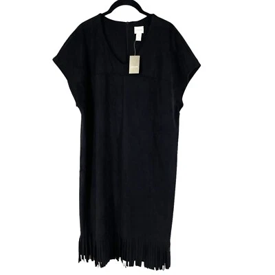 Nuevo con etiquetas Vestido Chico's Negro Imitación Gamuza Flecos Dobladillo Cuello en V Popover Manga Corta L/12 Foto 1 de 4