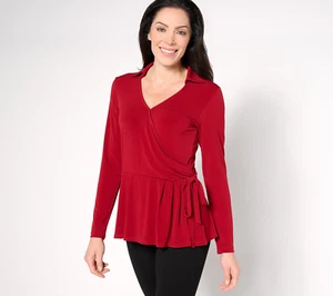 Susan Graver Liquid Knit Long-Sleeve Faux Wrap Top Red 1X - Picture 1 of 2