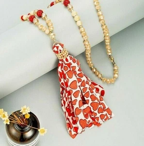 Bohemian Crystal & Beaded Sweater Necklace w Heart Print Chiffon Tassel - Picture 1 of 6