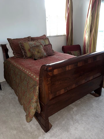 Antique 19th Century Elegant French Flame Mahogany Sleigh Bed and Mattress Cover