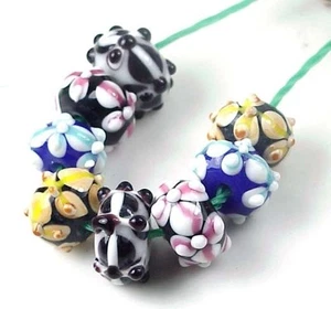 8 Lampwork Handmade Glass Rondelle Multi Color Flower Beads  - Picture 1 of 3