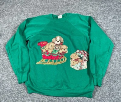 80s Christmas Puppies Sled Sweatshirt Adult Large Green Raglan Sleeves Pannill - Image 1 of 4