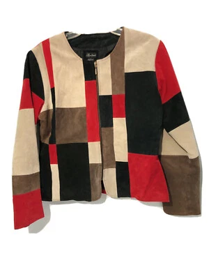 Chaqueta de cuero de diseñador para mujer - talla L. roja, marrón, negra, arte cubista, cremallera frontal. Foto 1 de 4